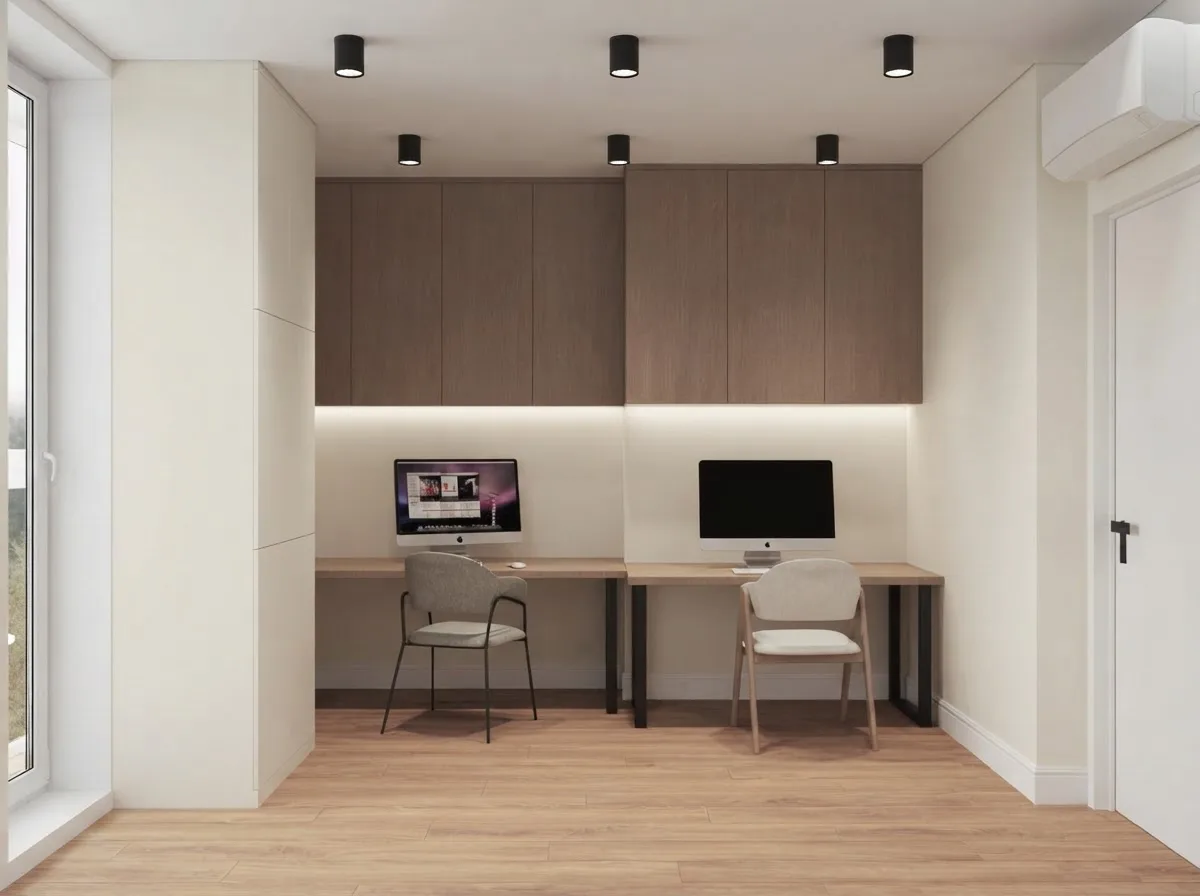 Compact home office with a built in oak desk and floating shelves, walls in Alabaster