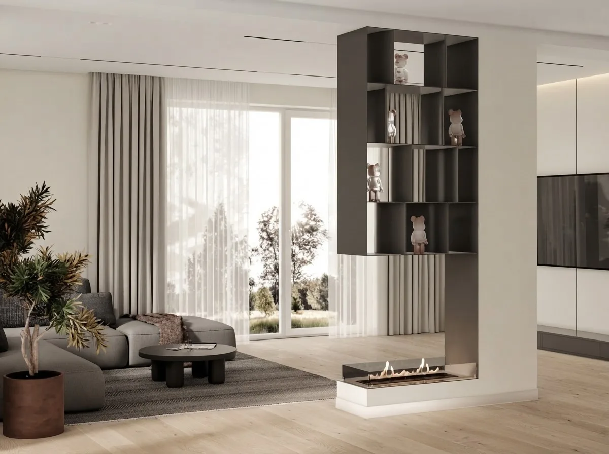 Living room with a beige sectional and full height fitted cabinetry, Alabaster on walls, doors and ceiling in one seamless colour