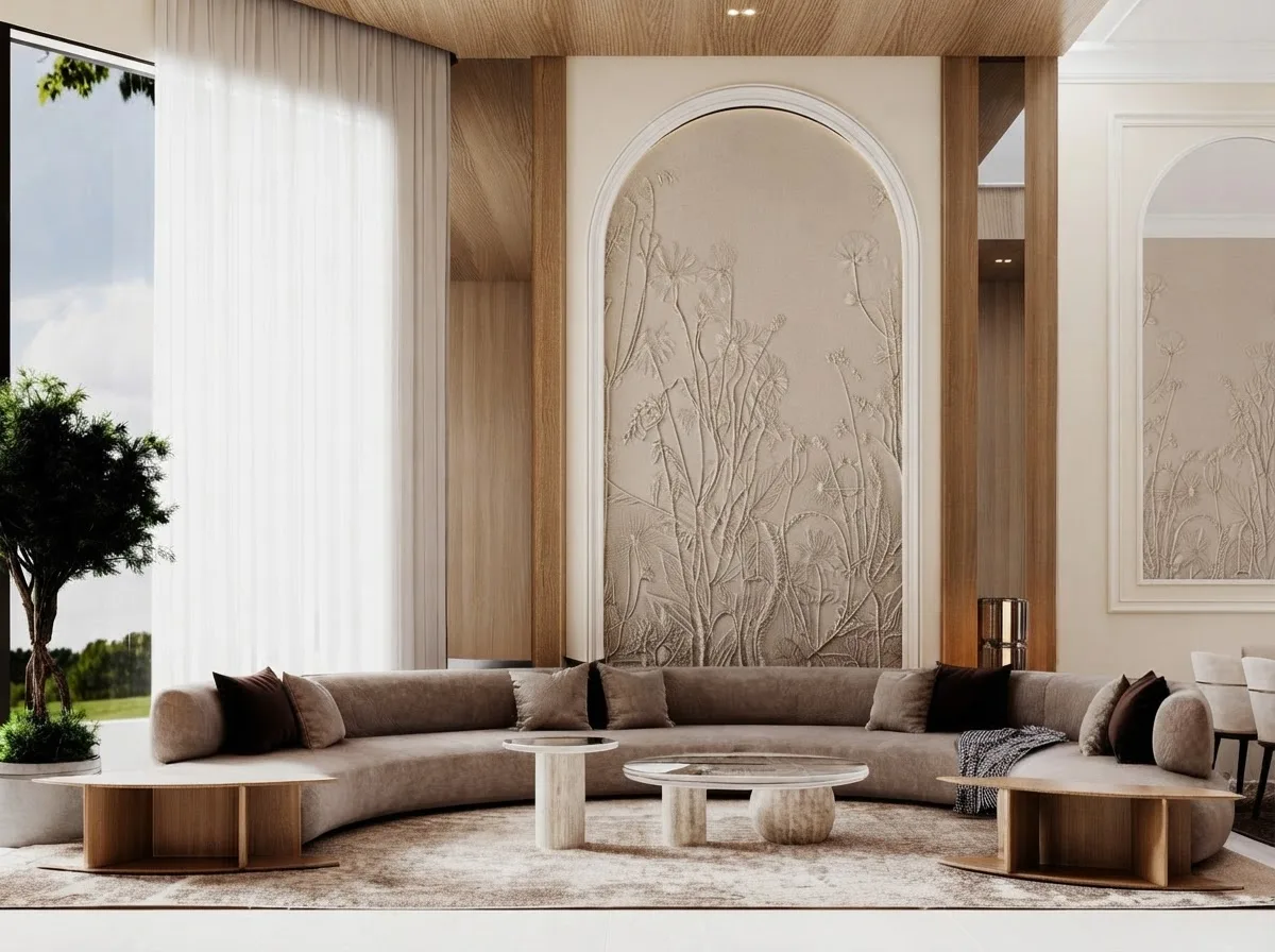 Living room with an arched alcove, sheer floor length curtains and a curved beige sofa, walls in Alabaster
