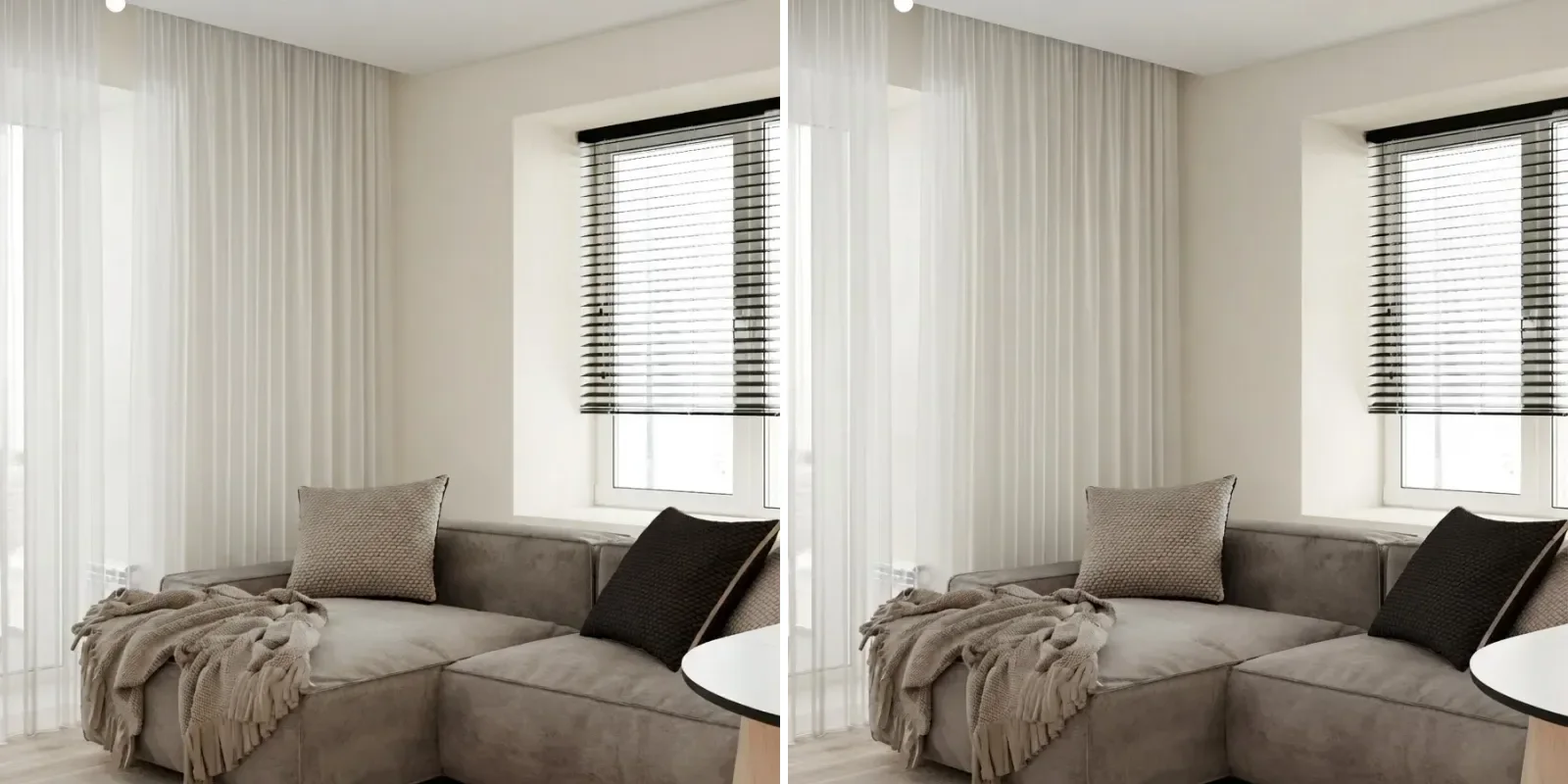 Living room with a grey sectional by a window shown twice, left with Alabaster walls and right with visibly deeper Shoji White walls