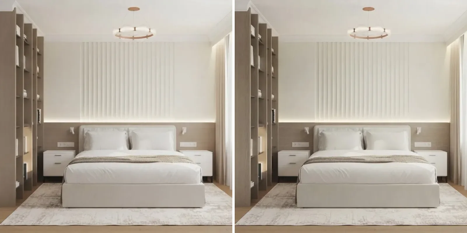 Bedroom with a fabric headboard and bedside lamps shown twice, left with Alabaster walls and right with Benjamin Moore Swiss Coffee walls