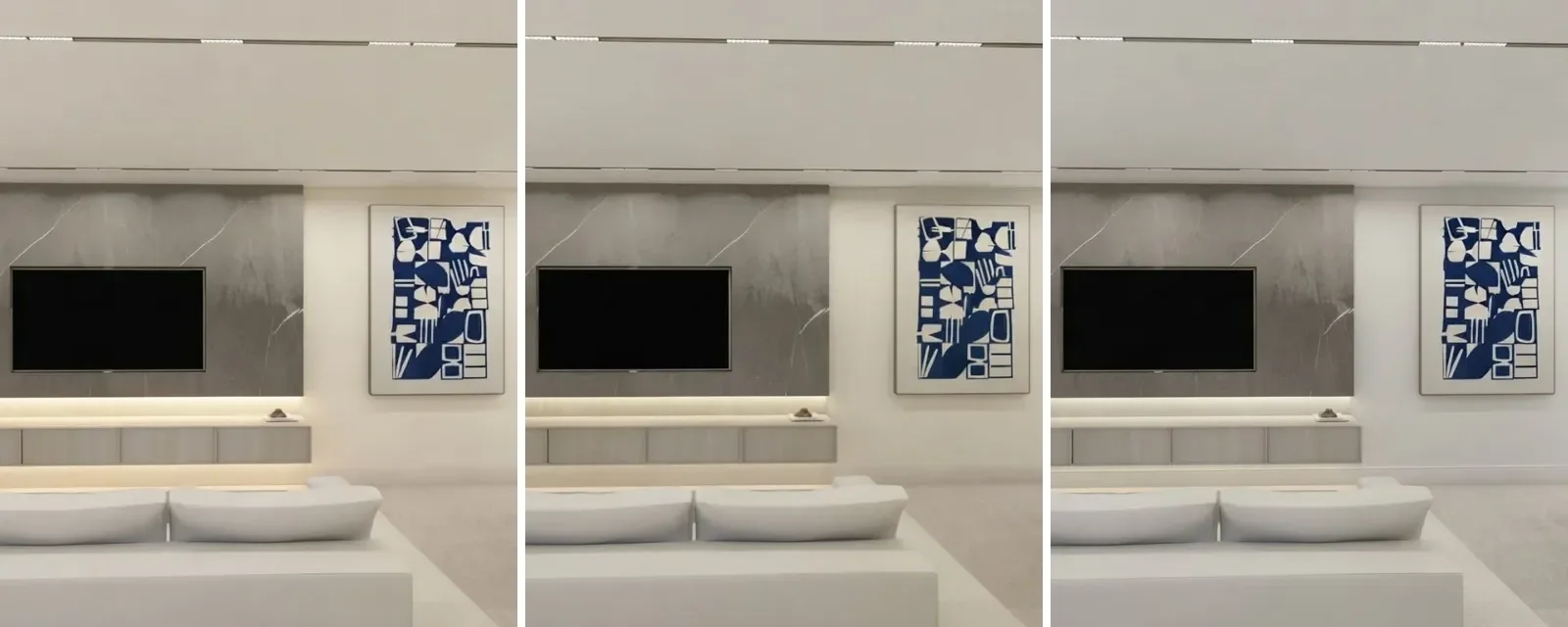 One living room with a pale sofa and a TV wall shown three times side by side with walls in Greek Villa, Alabaster and Pure White