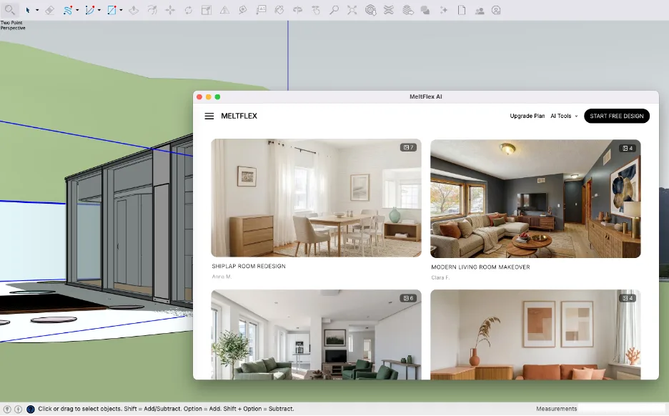 A gallery of MeltFlex room redesigns and renders shown inside the SketchUp plugin, including a Scandinavian room redesign and a modern living room makeover