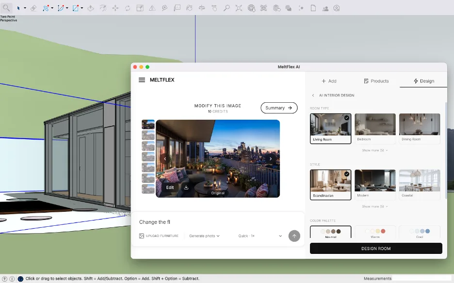 The MeltFlex AI design panel inside SketchUp with room-type and style presets and a Design Room button