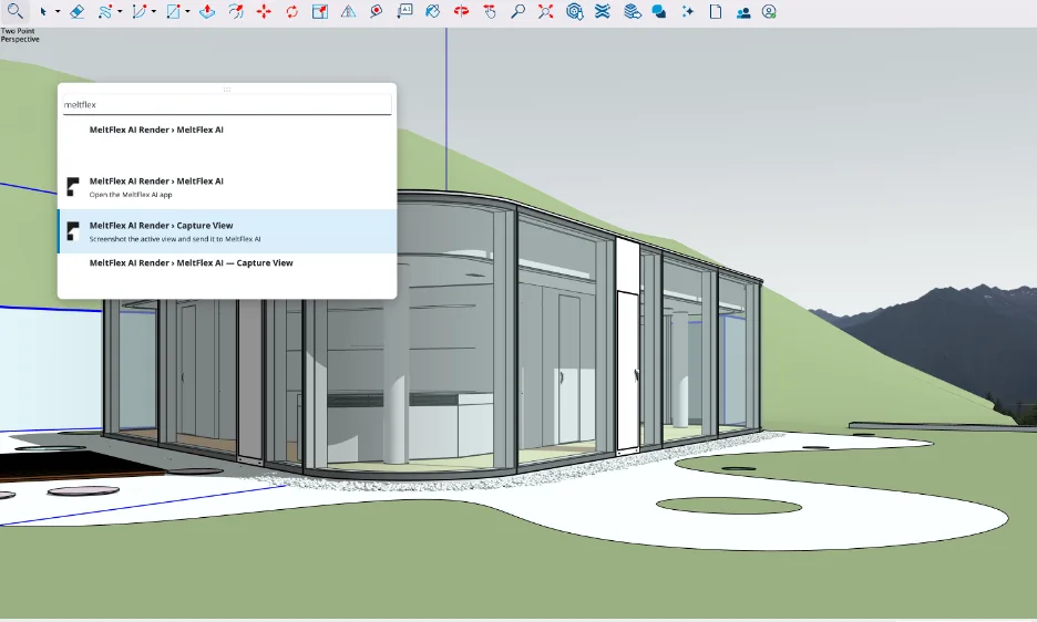 The SketchUp menu showing the MeltFlex AI Render options, MeltFlex AI to open the app and Capture View to screenshot the current 3D view and send it to MeltFlex AI, over a modern glass house model