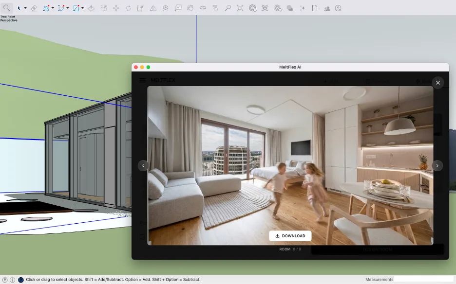 A finished photorealistic interior render produced by MeltFlex AI from a SketchUp view
