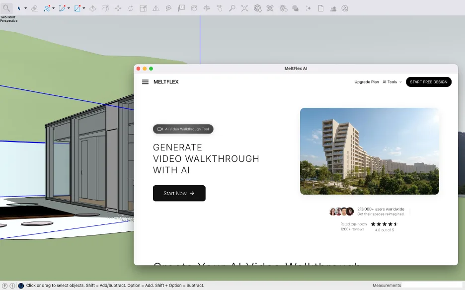 The MeltFlex video walkthrough tool open inside SketchUp, ready to generate an AI walkthrough video from a building view
