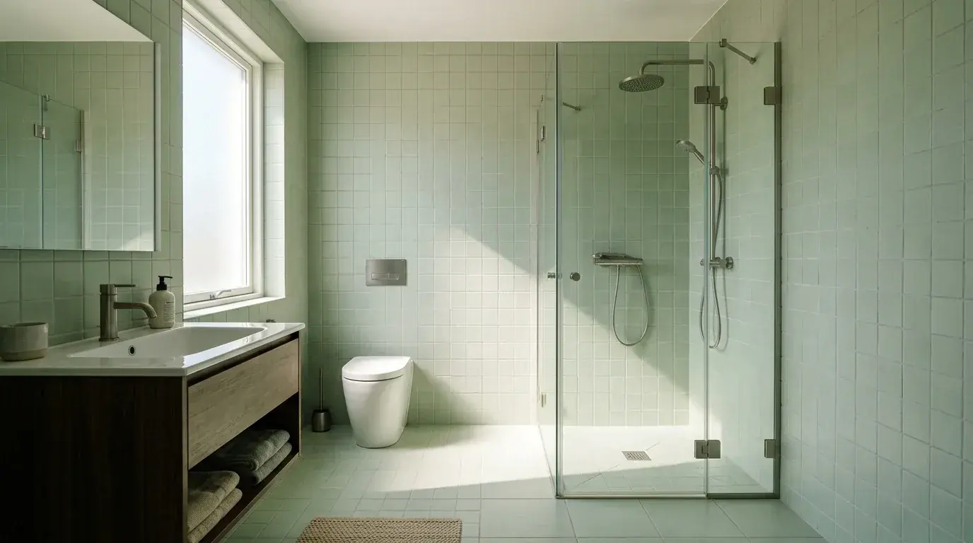 A small square bathroom with a corner shower enclosed by two glass panels meeting at a right angle, a vanity on the left wall and a toilet on the third wall, leaving the centre of the floor open