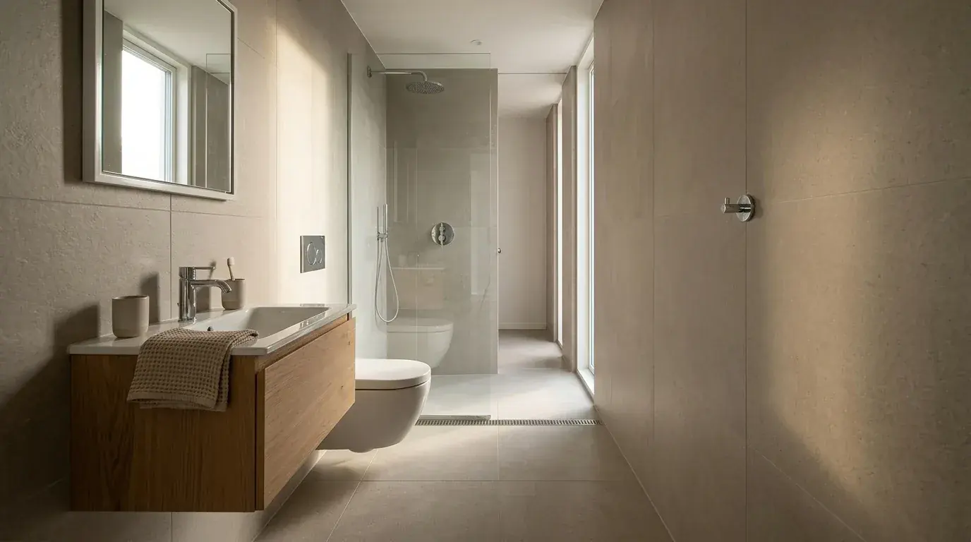 A narrow bathroom with a wall-hung vanity, wall-hung toilet and walk-in shower all mounted along one wall, the opposite wall completely bare, forming a clear walkway down the length of the room