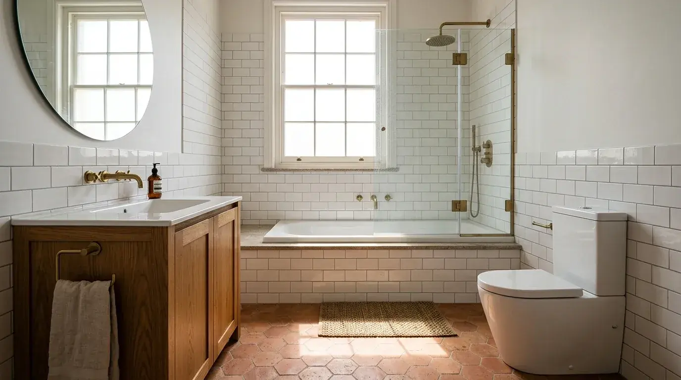 A small family bathroom with a built-in bath along the far wall, a shower over it behind a hinged glass screen, an oak vanity on the side wall and a toilet opposite