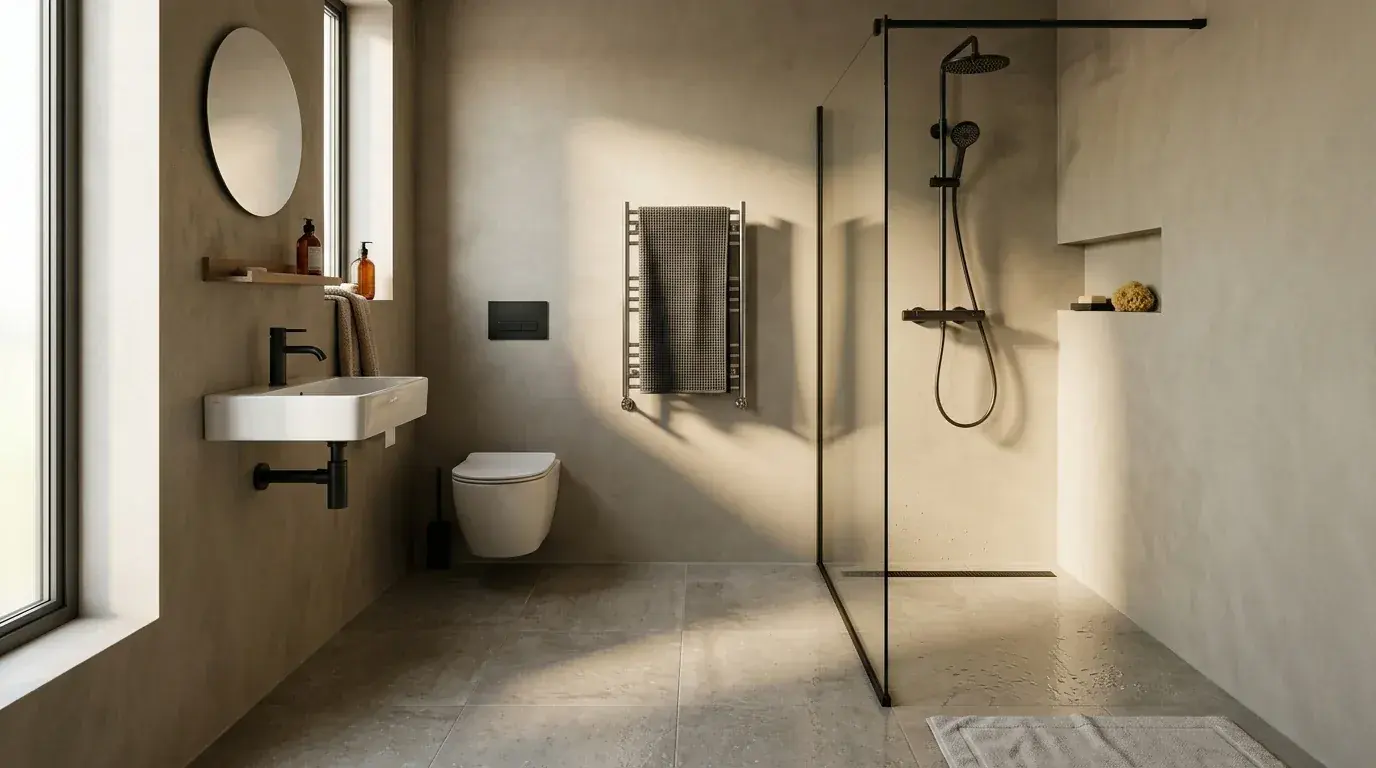 A small wet room with the whole floor tiled and graded to a linear drain, a single fixed glass screen, wall-hung toilet and slim wall-hung basin, no shower tray and no step
