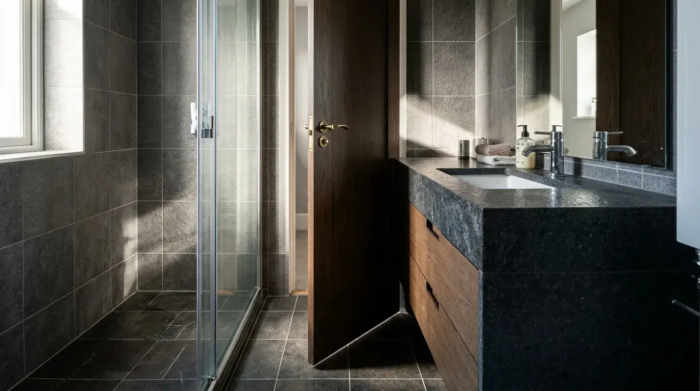 A small bathroom with an inward-opening door caught mid-swing almost colliding with the vanity corner, leaving very little usable floor despite smart dark tile and a stone vanity top