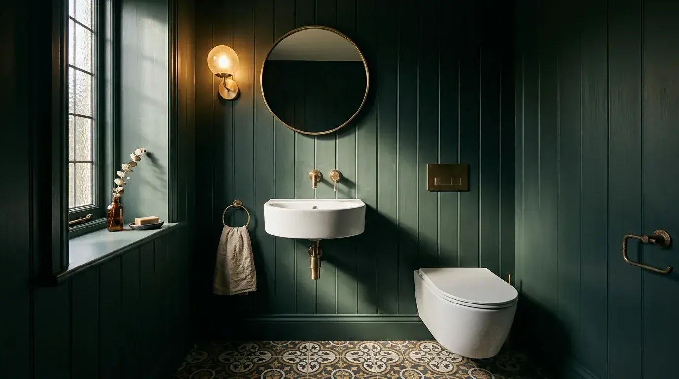A tiny powder room with deep inky green wall panelling, bold patterned floor tile, a small round mirror and a single wall light casting a warm pool of light on the wall-hung basin