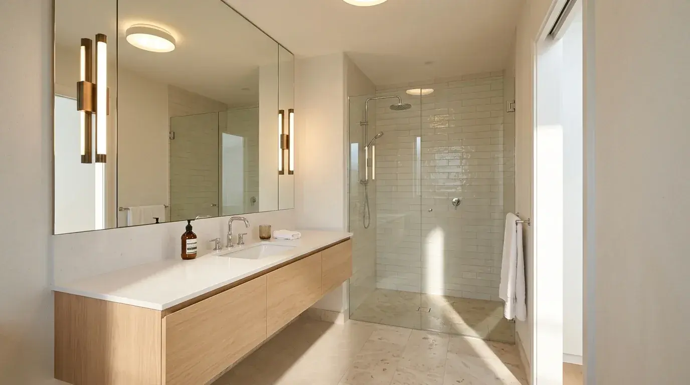 A small internal bathroom without a window made to feel bright, with pale glossy tile, a large frameless mirror spanning the vanity wall and two vertical wall lights either side of the mirror