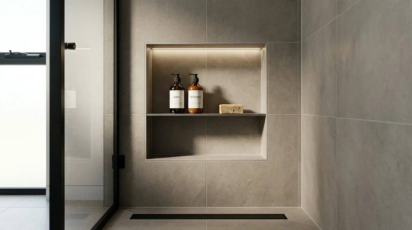 A recessed shower niche built into the tiled wall and aligned with the tile coursing so grout lines run straight through, holding bottles and soap, with a slim shelf and a light above