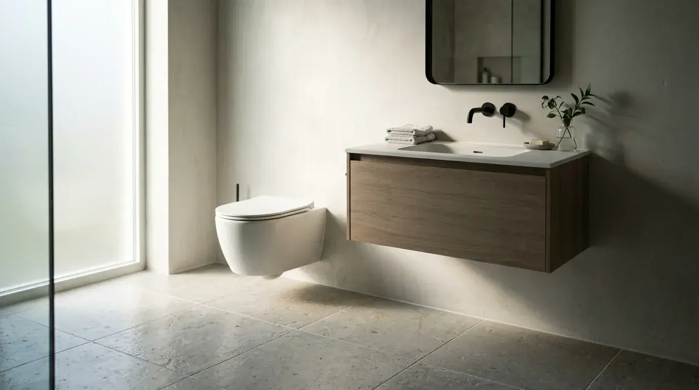 A close view of a wall-hung toilet and wall-hung vanity with the floor tile running unbroken underneath both fixtures to the wall, emphasising the continuous floor surface
