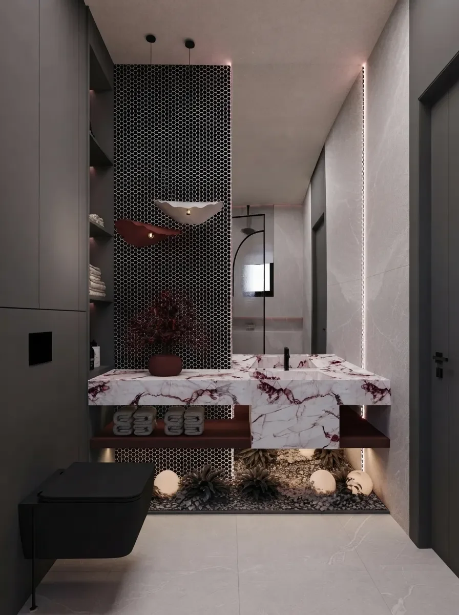 Small dark powder room render with grey plaster walls, a dramatic viola marble counter, black wall-hung fixtures and a soft warm wall light, mirror above the basin
