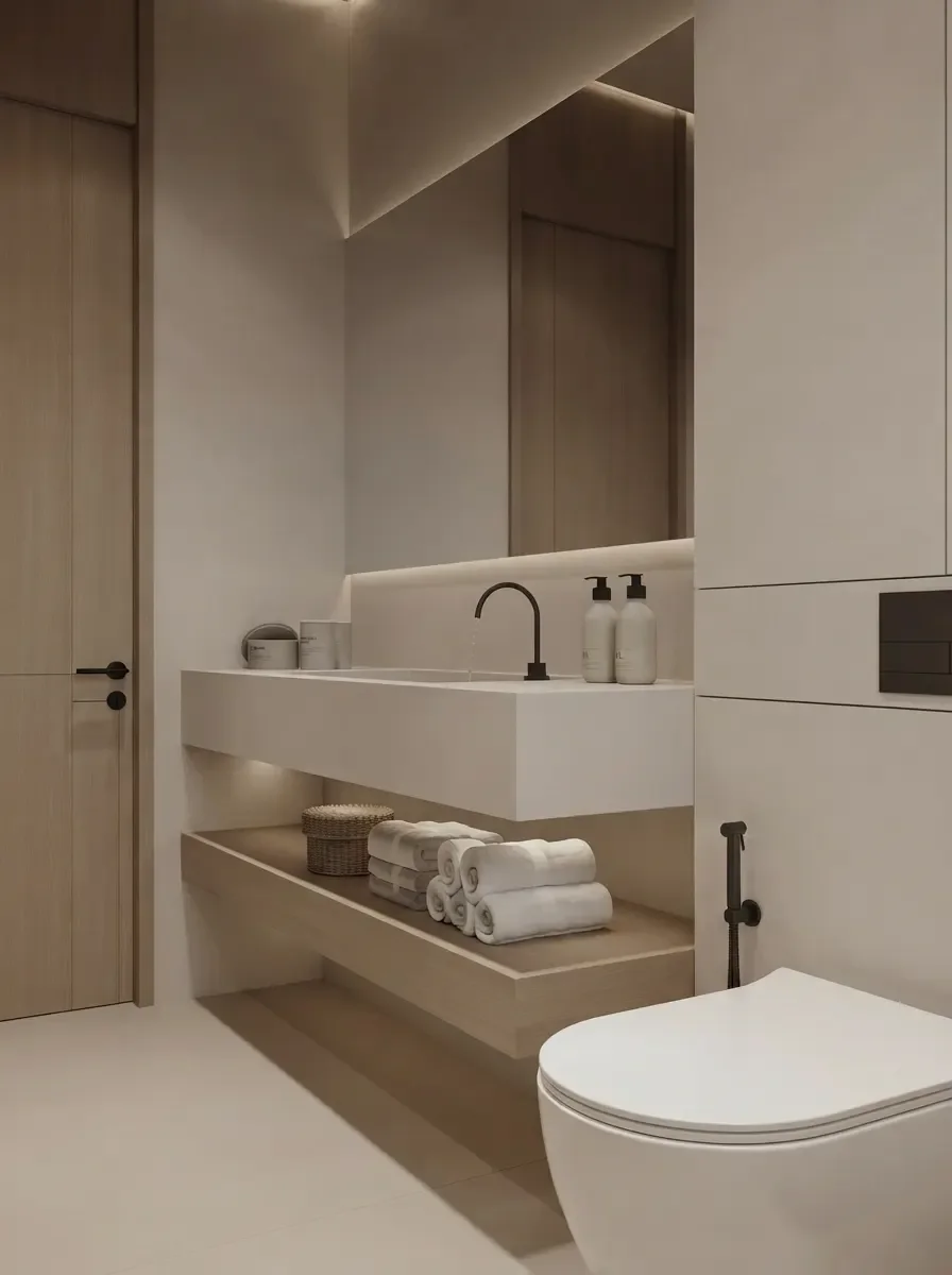 Small beige bathroom remodel render with a floating stone vanity, open towel shelf beneath it, black wall-mounted faucet and a wall-hung toilet, showing continuous floor under the fixtures