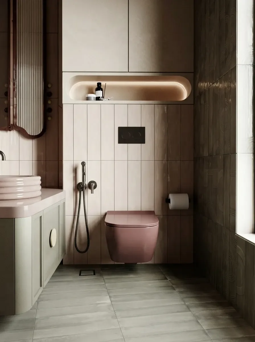Small sage green and blush bathroom render with a wall-hung pink toilet, sage vanity, and a tall lit recessed niche in the tiled wall replacing freestanding storage