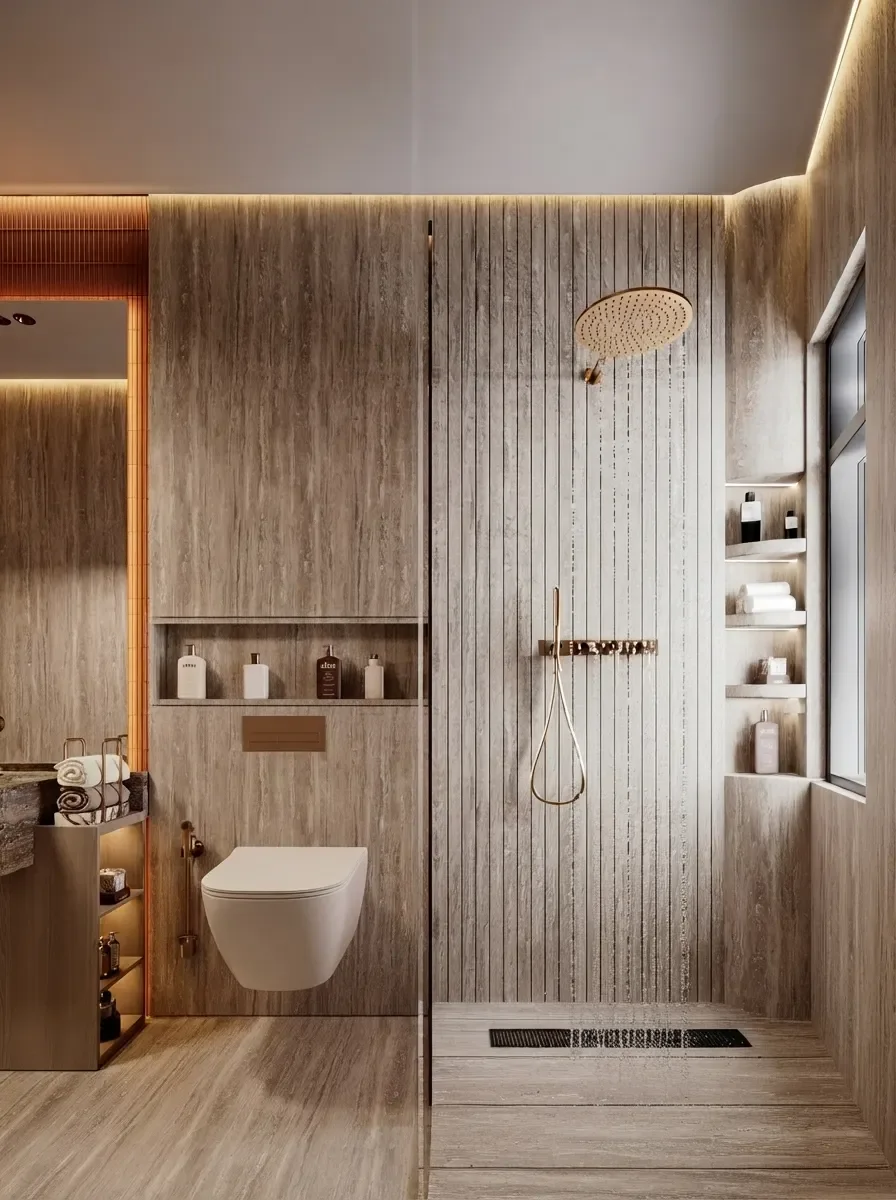 Walk-in shower in a small travertine bathroom render with a full-height fixed glass panel, brass fittings, a lit shower niche and travertine tile continuing from the floor up the walls