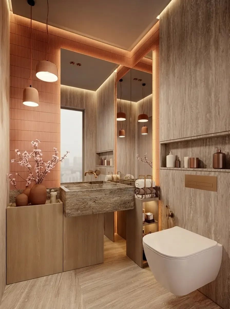 Small travertine bathroom remodel render with the same stone on floor, walls and vanity, a raw stone sink, blush pink tile behind the mirror and warm cove lighting along the ceiling