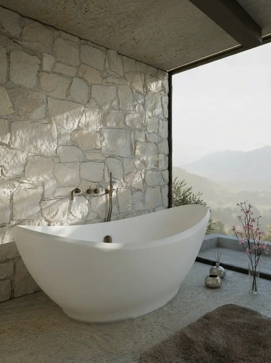 Bathroom render with a sculptural white freestanding tub in front of a full-height window with a mountain view, rough stone wall and glass shower beside it