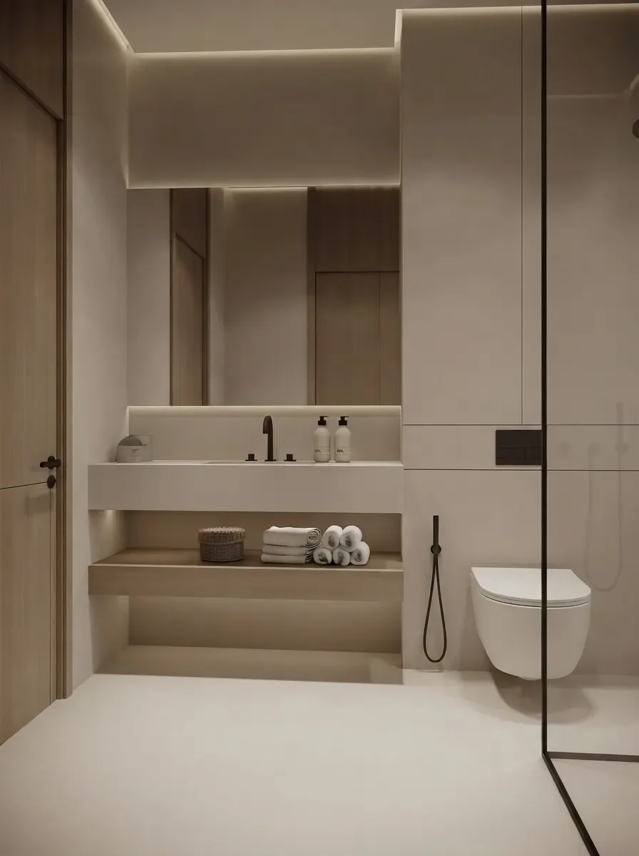 Compact beige bathroom render with a wall-hung toilet beside a floating vanity, mirror lit from behind and a walk-in shower with a single fixed glass panel