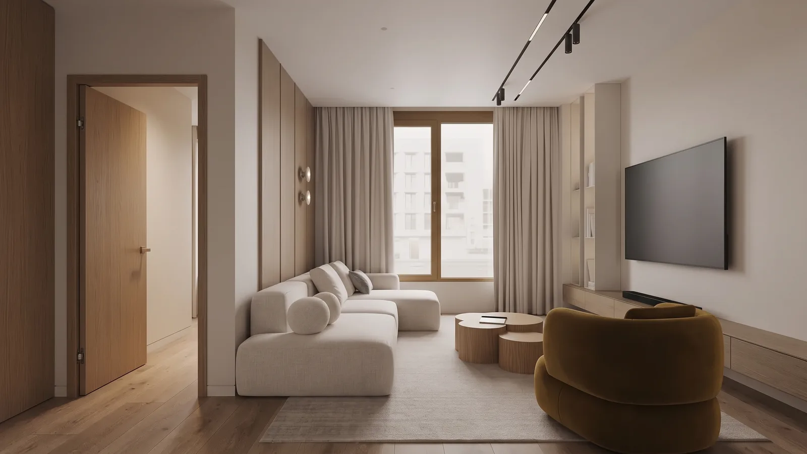 A low cream modular sofa with a chaise in a warm minimalist apartment living room, an open oak interior door on the left wall leading to a hallway, a mustard armchair and round oak coffee tables