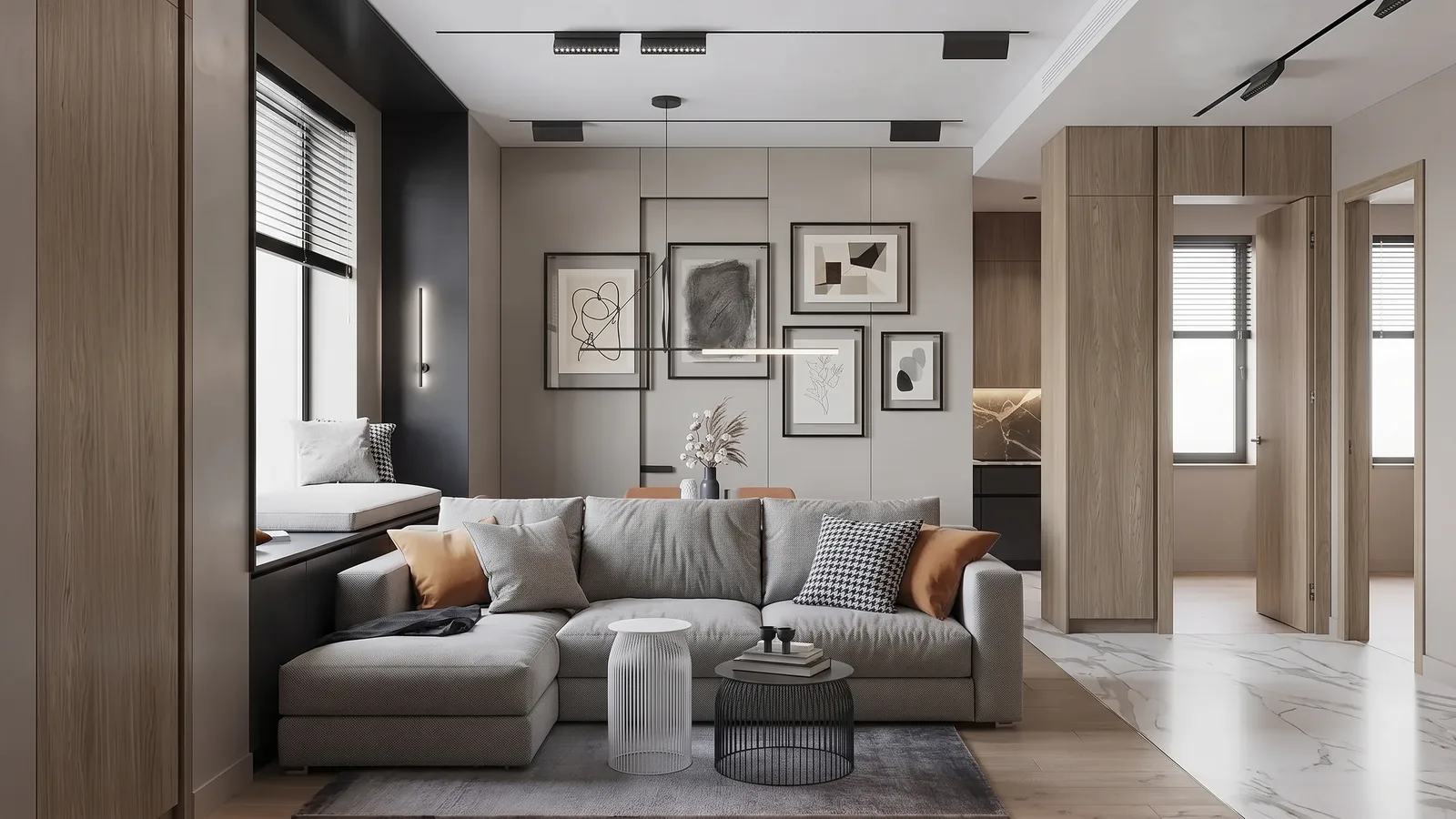 A grey L-shaped sectional sofa with orange and houndstooth cushions in a modern living room with a gallery wall, oak cabinetry and two open interior doors on the right leading to bright rooms