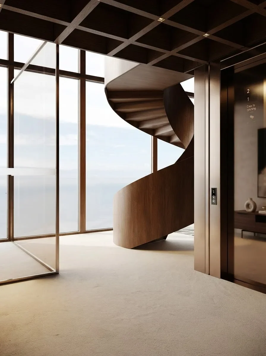 A sculptural curved staircase in bent walnut panels against floor to ceiling glazing