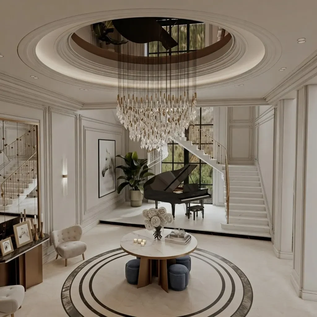 A neoclassical reception under a domed ceiling and a large chandelier, with a pale staircase rising on the right and a grand piano beside it