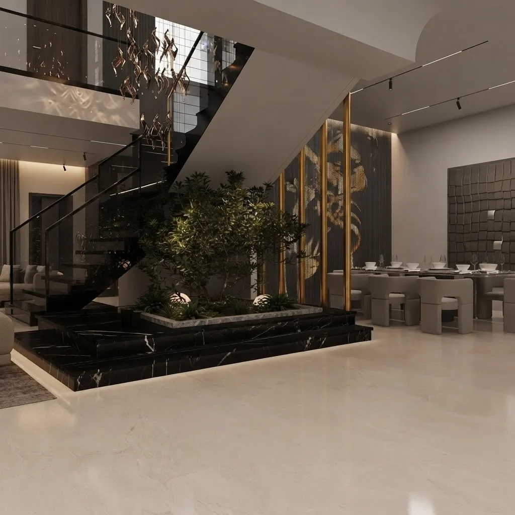 Black marble stairs with slim gold handrails and an indoor planter under the flight