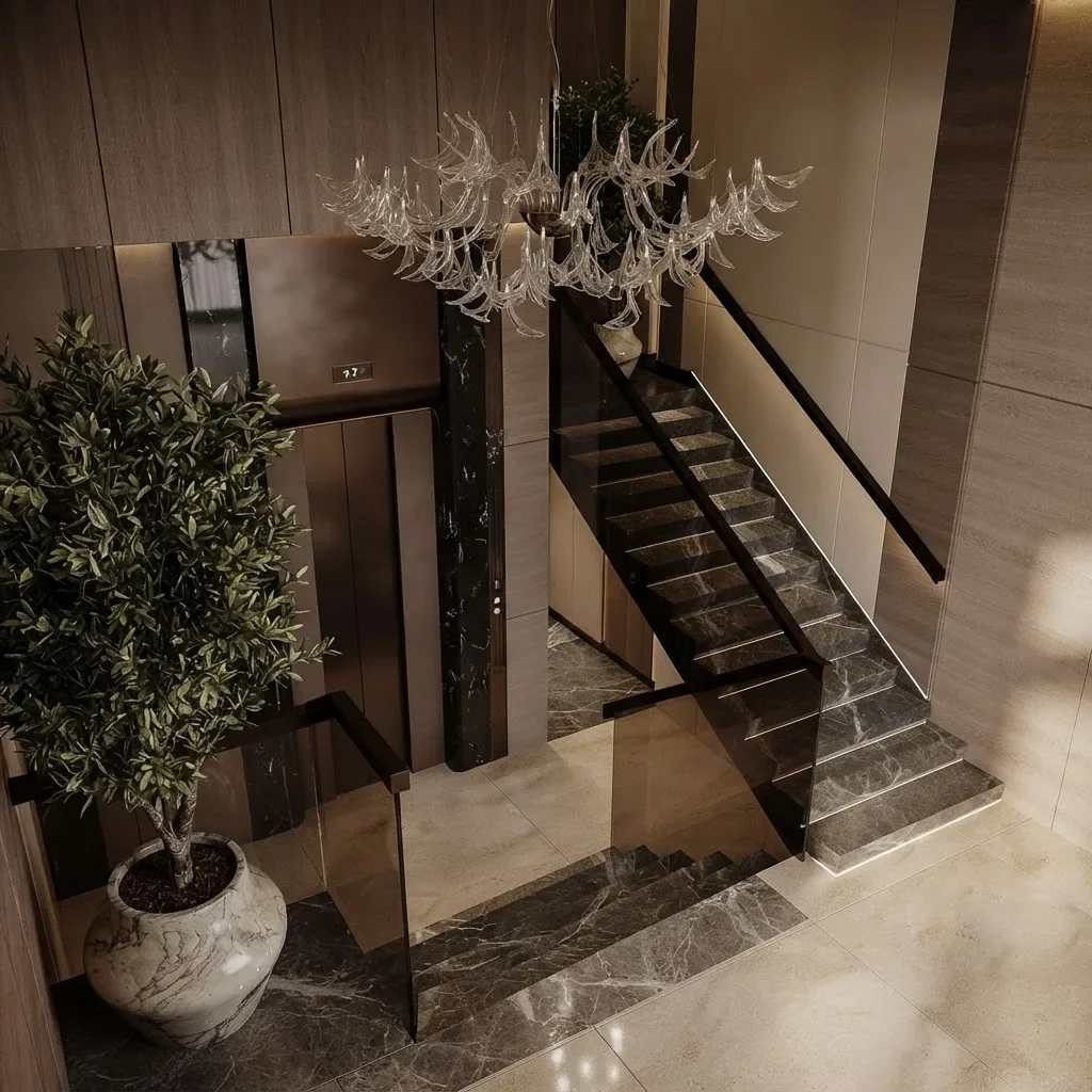 A grey marble staircase next to a black marble lift lobby with a crystal chandelier above