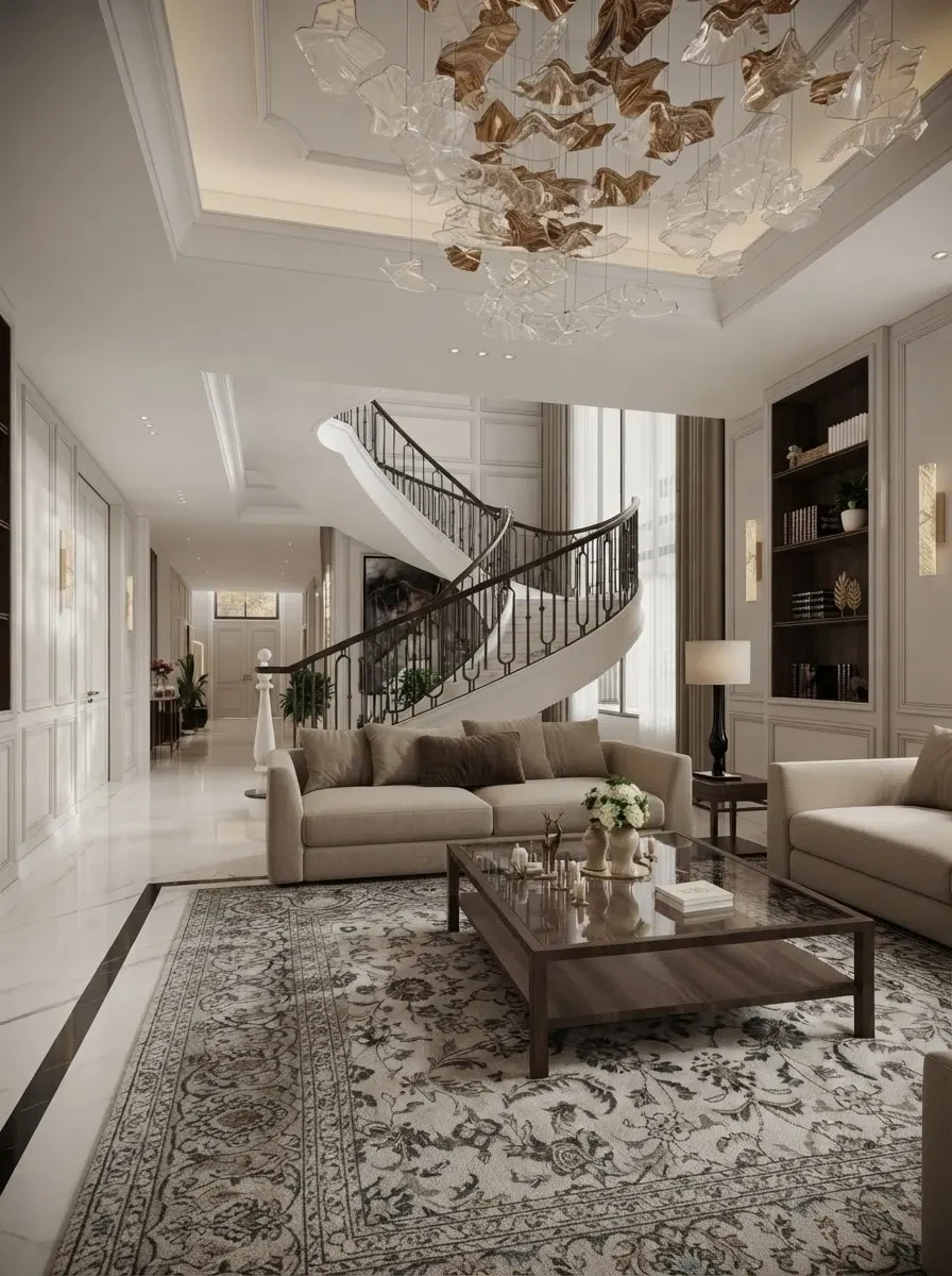 A grand neoclassical hall with a curved wrought iron staircase, marble floor and a crystal chandelier