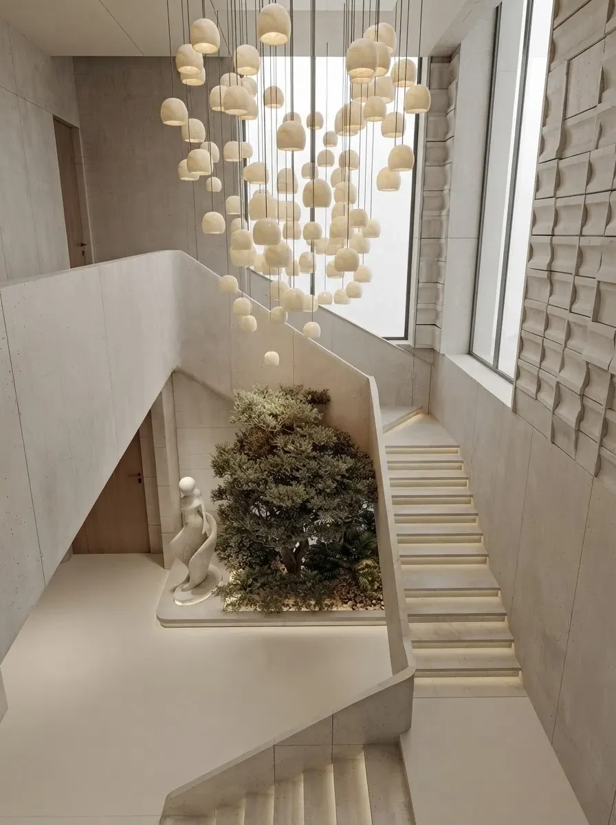 A travertine staircase wrapping around an indoor tree with ginkgo leaf pendant lights above