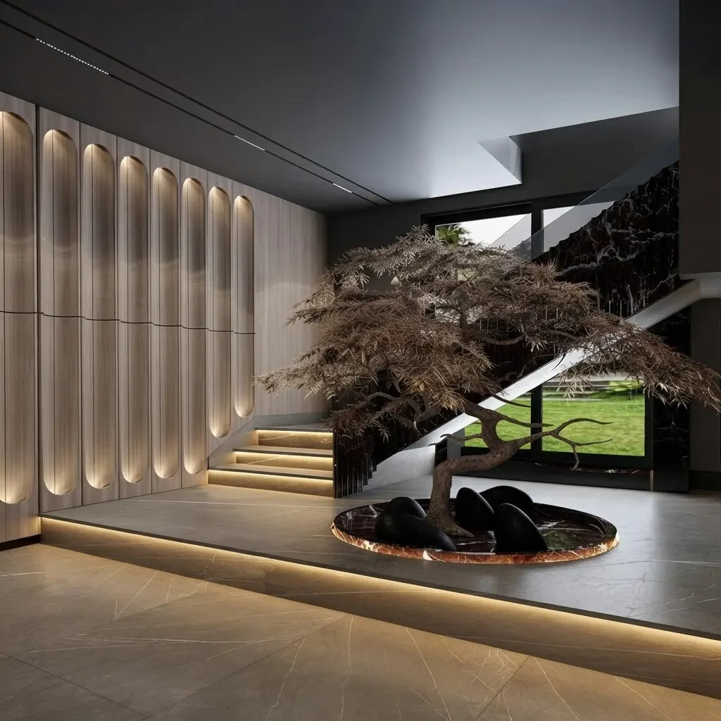 A moody villa entrance at night with backlit floating stairs, a sculptural maple tree in a sunken planter and brass detailing