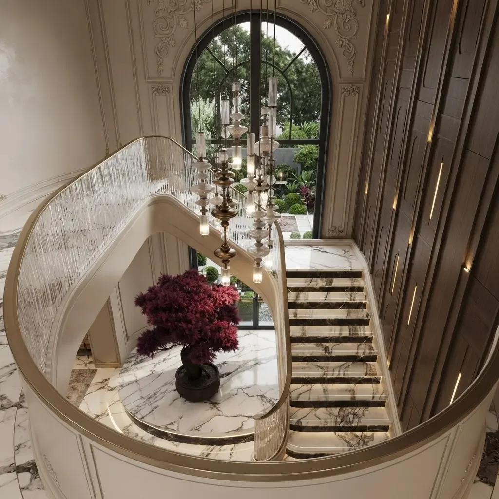 A curved marble staircase with a bronze railing, a red bonsai on a calacatta viola island and an arched window