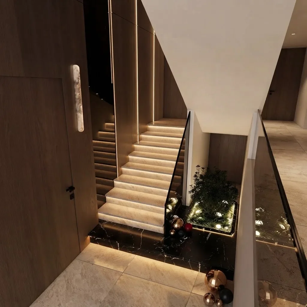 A warm oak staircase with LED strips under each tread against a walnut panelled wall