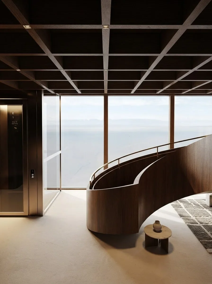 A sculptural curved staircase in bent walnut panels against full height glazing with the ocean behind