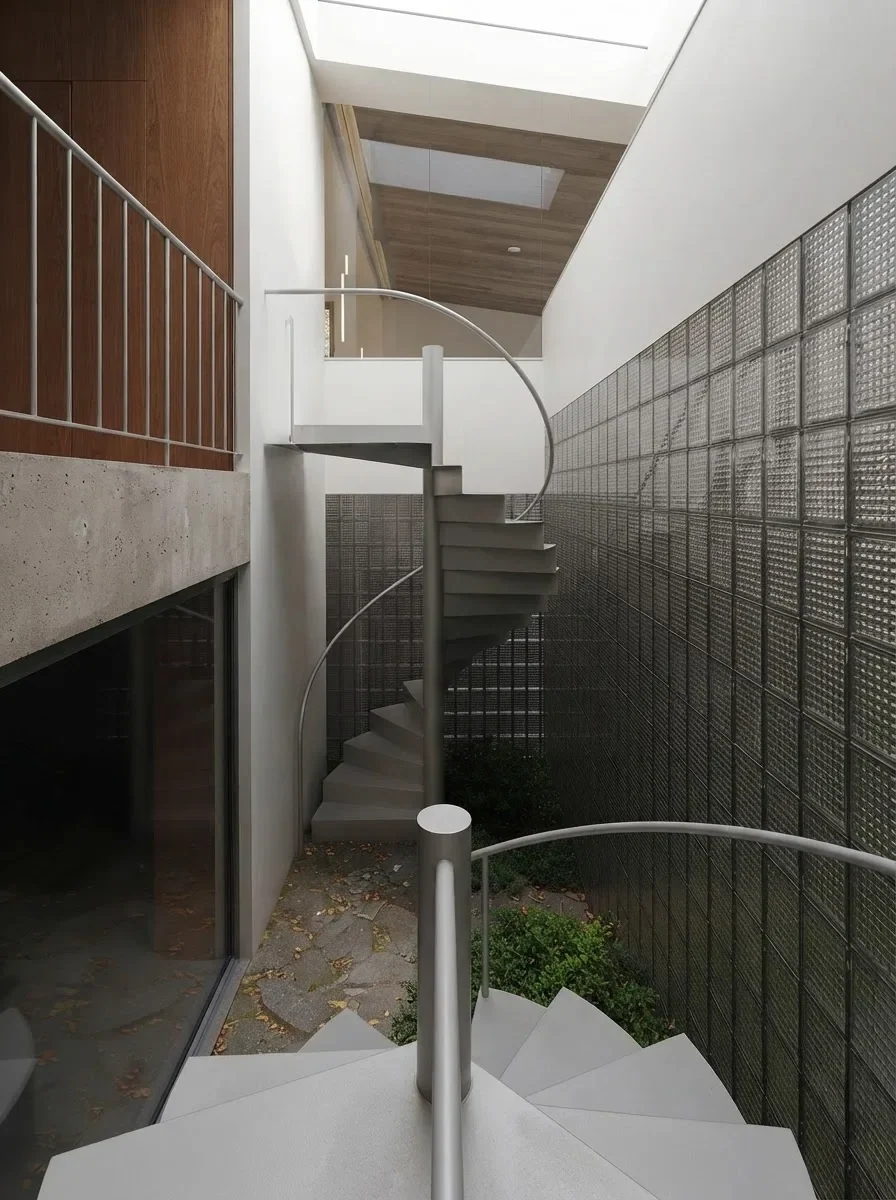 A white steel spiral staircase in a glazed courtyard with planting around it