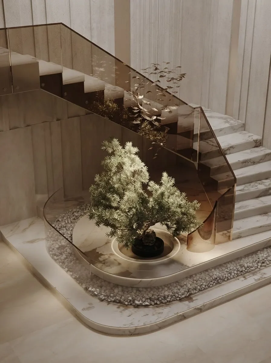 Warm beige stone stairs with a bonsai tree in a pebble bed underneath and oak panelling on the wall