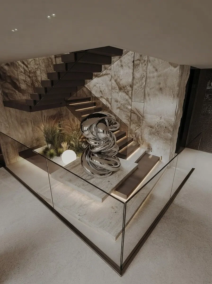 A dark travertine entrance hall with floating wooden stairs above a sculpture and warm hidden lighting