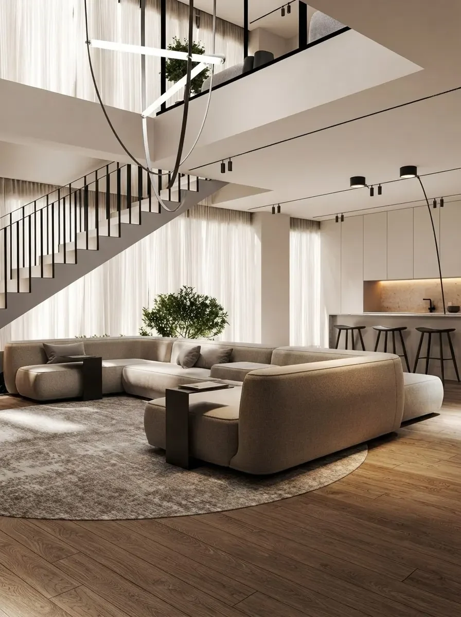 Living room open to a landing on the floor above, with a black steel staircase and full height glazing, rendered by MeltFlex