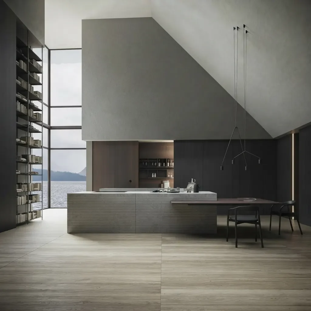 Kitchen under a visibly sloping attic roof with a tall window in the gable, rendered by MeltFlex