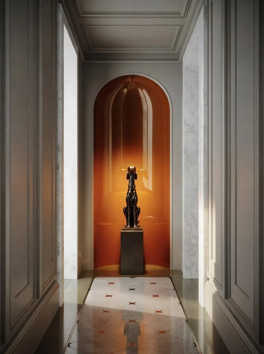 A narrow marble corridor with flush panelled doors on both side walls, ending in a backlit orange arched niche holding a sculpture