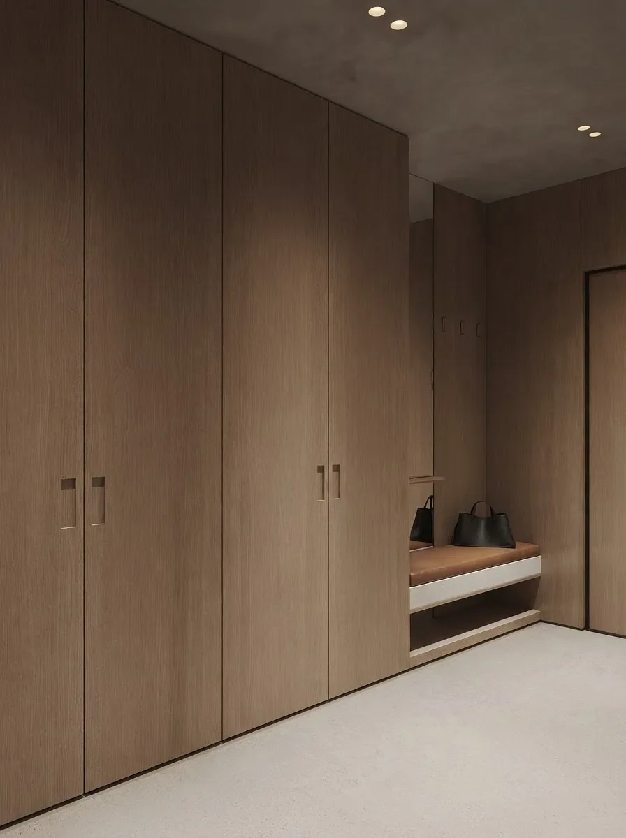 A full wall of floor to ceiling light oak joinery fronts with slim vertical handles, and a bench with a cushion beside it