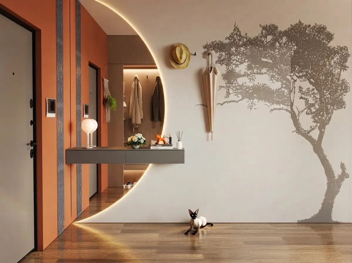 A terracotta panelled entrance wall with a door set into the panelling, a curved backlit mirror, coat hooks and a floating console