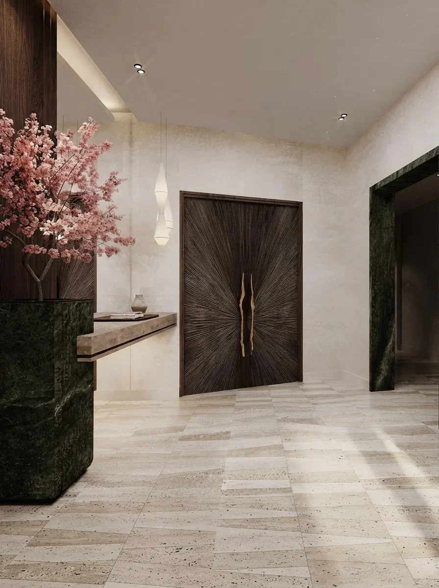 A travertine hall with tall dark walnut double doors carrying a brass sunburst inlay and a full height handle