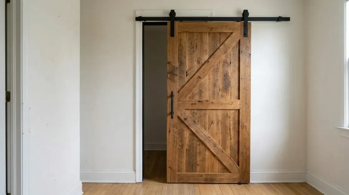 A barn style sliding door rendered on a plain interior wall