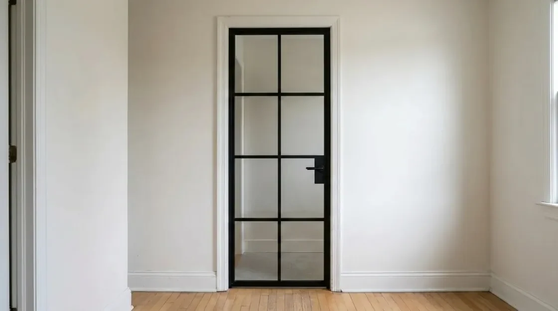 A black crittall style glazed door rendered in an interior opening